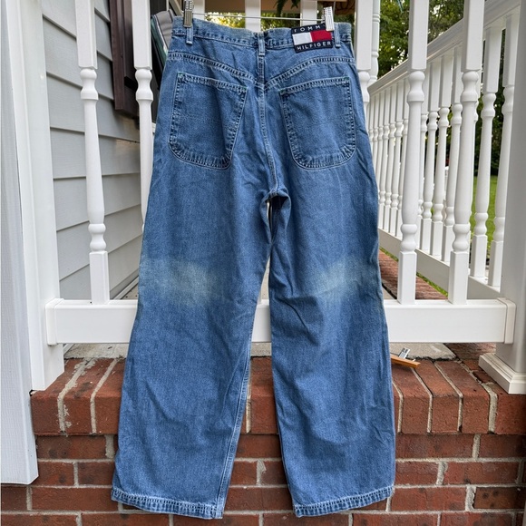 Vintage 90s Y2K Tommy Hilfiger Logo Flag Wide Leg Cargo Jeans Size 8 - Picture 1 of 8